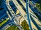 High Aerial Drone view over overpassing interchanges and interstates and highways and roads