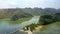 High Aerial View Ferry at Pier and Famous Islands in Ha Long Bay