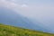 High Alpine slopes of Garda Lake East coast in summer haze, in the foreground an alpine meadow with yellow buttercup flowers.