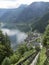 High-altitude cog railway, rail lift in Hallstatt. Mountain lake, Alpine massif, beautiful canyon in Austria.
