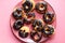 High angel view of chocolate donuts on plate