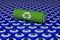 High angle of 3D rendering of green 18650 lithium battery with white recycling symbol placed on seamless background.