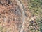 High angle aerial bird`s eye drone view of a bushfire affected country road near Sydney, New South Wales, Australia