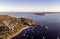 High angle aerial drone evening view of historical North Head Quarantine Station and Beach, located in Manly