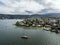 High angle aerial drone view of Battery Point, a waterfront residential suburb near the CBD of Hobart, Tasmania