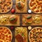 High angle closeup shot of pizzas and burgers on a wooden table