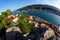 High angle fisheye view of Poros town in Greece in the evening