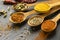 High angle indian spices with spoons. High quality and resolution beautiful photo concept