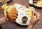 High angle person eating burger french fries. High quality and resolution beautiful photo concept