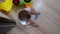 High Angle rotating shot, cute seven months old baby boy playing with educational toys on the floor