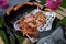 High angle shot of barbeque and sausages on a grill