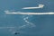 High angle shot of a beautiful river with sparkling shiny water surface and rescue chopper flying across in search operation