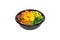 High angle shot of a black bowl of Japanese Bento with a white background