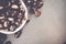 High angle shot of a bowl of hazelnuts