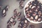 High angle shot of a bowl of hazelnuts