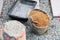 High angle shot of cement and sand in buckets