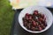 High angle shot of cherries plate on a black table