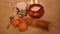 High angle shot of cookies, muffins, sugar, and chocolate milk in a cup on a table