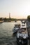 High angle shot of a docked yacht on the river with Eiffel tower background in Paris