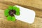 High angle shot of a four-leaf clover and a blank piece of paper on a wooden surface