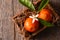 High angle shot of a  fresh picked Minneola Tangelo in a small wooden crate with orange blossoms and leaves