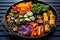 high-angle shot of a grill plate with colorful veggies