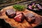 high-angle shot of grilled venison steaks on a picnic table