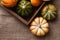 High angle shot of a group of autumn gourds, squash and pumpkins in a wood box on burlap