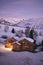 High angle shot of a homey cabin at Alpe d Huez ski resort in the French alps in France