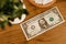 High angle shot of a one dollar banknote on the wooden table in front of the plant pots