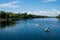 High angle shot of people on boats on the river captured in the Toronto Islands, Canada