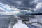 High angle shot of the rear of a ferry off the coast of BC, Canada in a cloudy weather