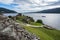 High angle shot of the ruins of Urquhart Castle,  Loch Ness, in the Highlands, Scotland