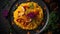 High-Angle Shot of Saffron-Infused Food, Culinary Delight with Vibrant Flavors and Artistic Presentation