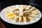 High angle shot of a tasty looking plate of different cheese