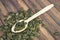 High angle shot of a wooden spoon and a pile of pumpkin seeds on a wooden surface