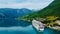 High angle view of a boat sailing in the lake in Loen, Norway