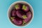 High angle view of bowl of fresh baby aubergine on blue background