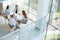 High angle view of businesswomen discussing at table in office