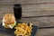 High angle view of cheeseburger with french fries and drink