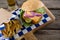 High angle view cheeseburger served with french fries and beer