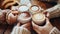 High angle view closeup of people holding coffee latte art with beautiful designs and patterns