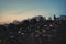 high angle view of community gardens against sky at sunset