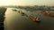 High angle view of container boat floating in chaopraya river in heart of bangkok thailand capital