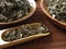 High angle view of dry mugwort on bamboo mat.Chinese herbal medicine. With copy space