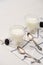 High angle view of glasses of homemade yogurt, teaspoons and blackberries on cloth