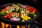 high angle view of grill sizzling with vibrant vegetables