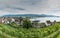 High angle view of the historic old town and vineyards of Rapperswil with Lake Zurich behind