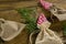 High angle view of mint candies in jute sack with twigs