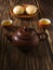 High angle view of mung bean pastry and Oolong tea on wooden background. With copy space. Taiwan food